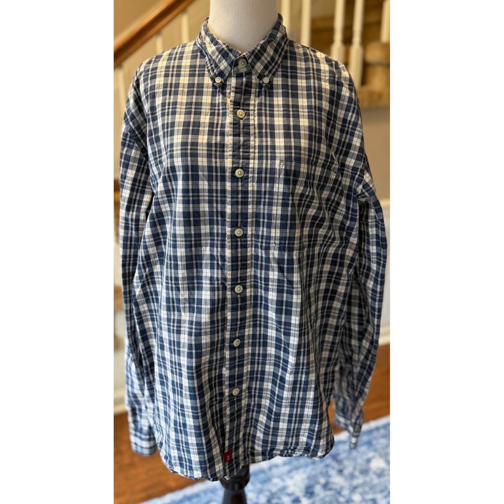 Abercrombie & Fitch Mens Large Plaid Button Down Shirt Navy Blue White Cotton